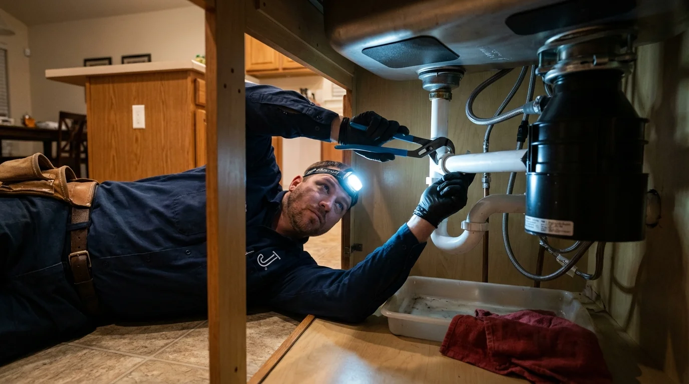 P-trap and supply line connections under a kitchen sink showing a common leak point in Astor, FL